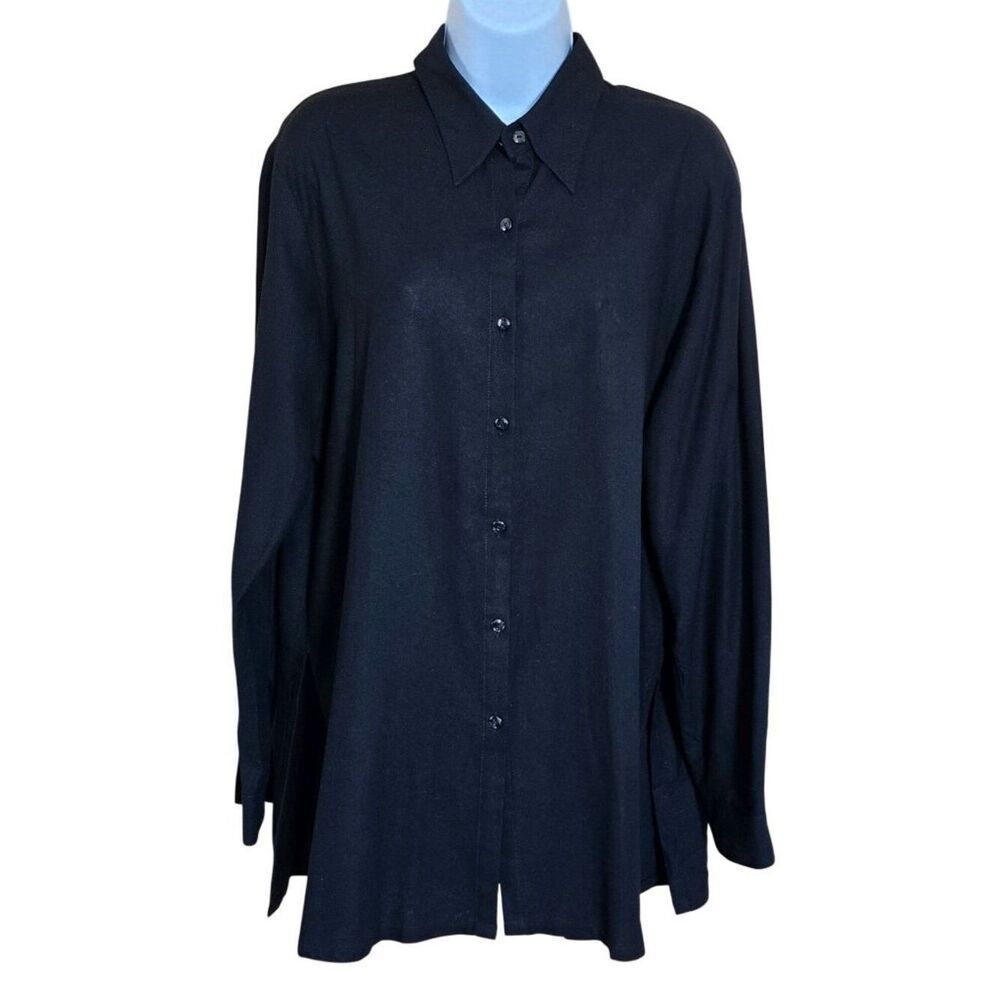 Black 100% Silk Button-Up Shirt Long Sleeve Relaxed Fit elegant old money glam